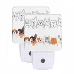 Night Light Set Of 2, A Row Of Different Colored Dogs And Cats.