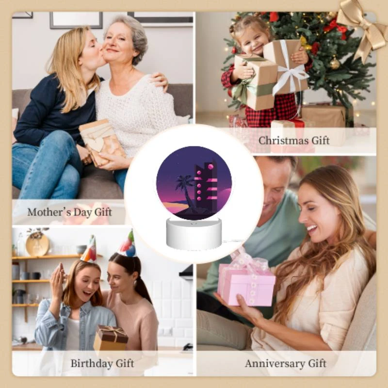 Round Acrylic Night Light, A tall building with a pink and black color scheme is lit up at night. Round Acrylic Night Light, A Tall Building With A Pink And Black Color Scheme Is Lit Up At Night. -Pattern Night Light cb8927c04bd2bdecc5412b86bcc68e59bd4bfdd4