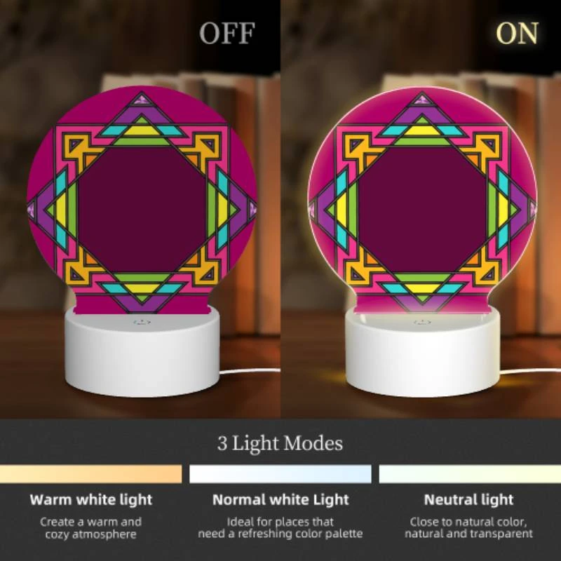 Round Acrylic Night Light, A colorful geometric design on a pink background. Round Acrylic Night Light, A Colorful Geometric Design On A Pink Background. -Pattern Night Light cc236a8f1c312a316653b18bd895236f5971c857