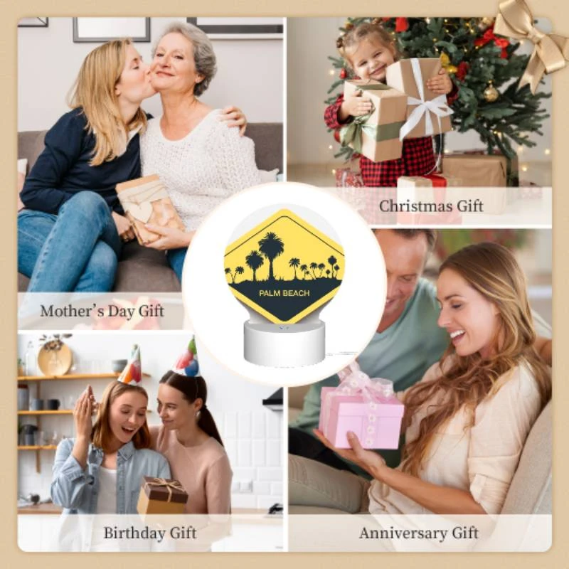 Round Acrylic Night Light, A yellow sign with the words "Palm Beach" written on it. Round Acrylic Night Light, A Yellow Sign With The Words "Palm Beach" Written On It. -Pattern Night Light cc9106c0a2aee2b8624a20fad56151e970a90d76