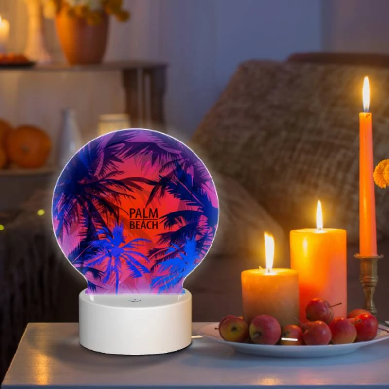 Round Acrylic Night Light, A colorful image of a beach with a sign that says "Palm Beach." Round Acrylic Night Light, A Colorful Image Of A Beach With A Sign That Says "Palm Beach." -Pattern Night Light ce2e4a2a7401f3c2502de5d5b021c950e13afc6c