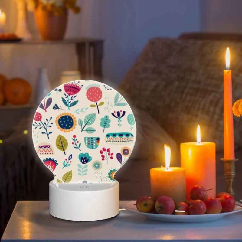 Round Acrylic Night Light, A collection of colorful flowers and leaves. Round Acrylic Night Light, A Collection Of Colorful Flowers And Leaves. -Pattern Night Light d031947d87854a5639ed02f5003be55b8ca85a7a
