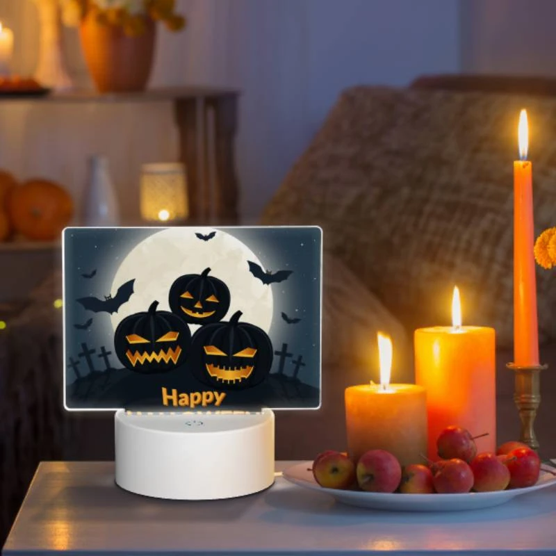 Rectangular Acrylic Night Light, A poster with three pumpkins and bats on it Rectangular Acrylic Night Light, A Poster With Three Pumpkins And Bats On It -Pattern Night Light d11b70badfae468de5abaa59940a11b8fee92d9a