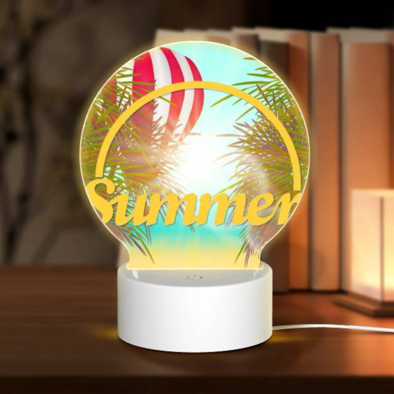 Round Acrylic Night Light, A colorful hot air balloon is flying over a beach with a yellow sign that says "Summer." Round Acrylic Night Light, A Colorful Hot Air Balloon Is Flying Over A Beach With A Yellow Sign That Says "Summer." -Pattern Night Light d1cfdf2f5016c4285be817d42b683e3ab2c6cf3b