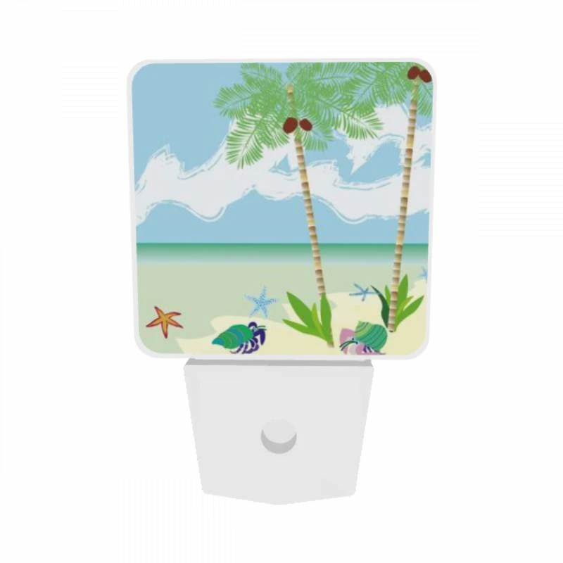 Night Light Set of 2, A painting of a beach with palm trees and a crab. Night Light Set Of 2, A Painting Of A Beach With Palm Trees And A Crab. -Pattern Night Light d1d51230dfb5f458b185a43517fbe0d30a6bbacd