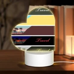 Love Acrylic Night Light, A Series Of Four Pictures Of A Beach With The Word "Travel" Written In Each.