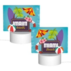Rectangular Acrylic Night Light, A Logo For Miami Beach With A Surfboard And Beach Umbrella. 3 Rectangular Acrylic Night Light, A Logo For Miami Beach With A Surfboard And Beach Umbrella. -Pattern Night Light d3fc43aa146596a6a290b86a819bdd7161acab9b