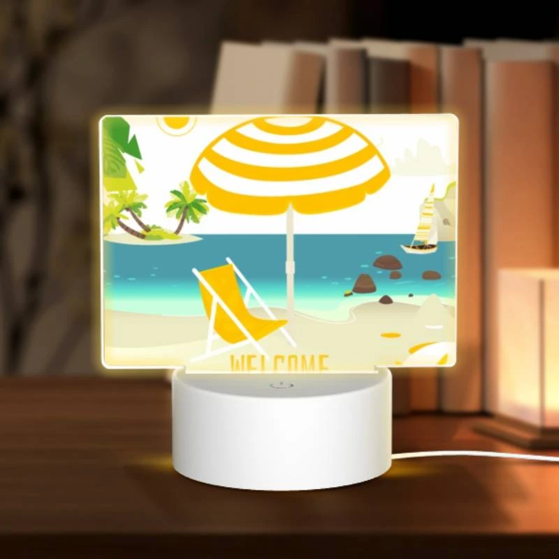Rectangular Acrylic Night Light, A yellow and white umbrella is set up on a beach Rectangular Acrylic Night Light, A Yellow And White Umbrella Is Set Up On A Beach -Pattern Night Light d46b35f15798a5a57bc45058faae04d91b33be34