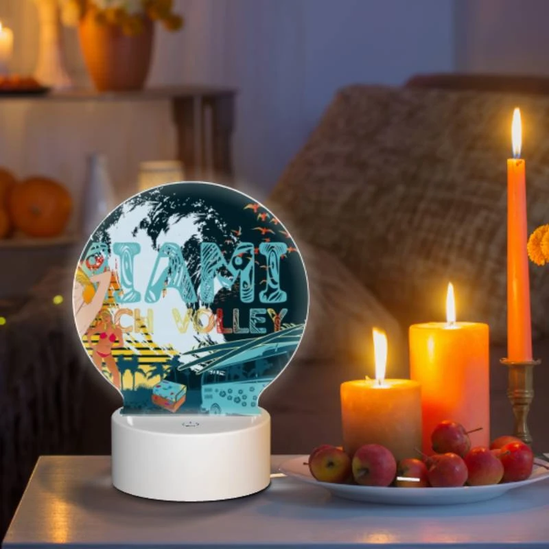Round Acrylic Night Light, A woman in a bikini is standing in front of a beach volleyball net. Round Acrylic Night Light, A Woman In A Bikini Is Standing In Front Of A Beach Volleyball Net. -Pattern Night Light d5639d328f69235a1aff1fc6625c55233347ec31