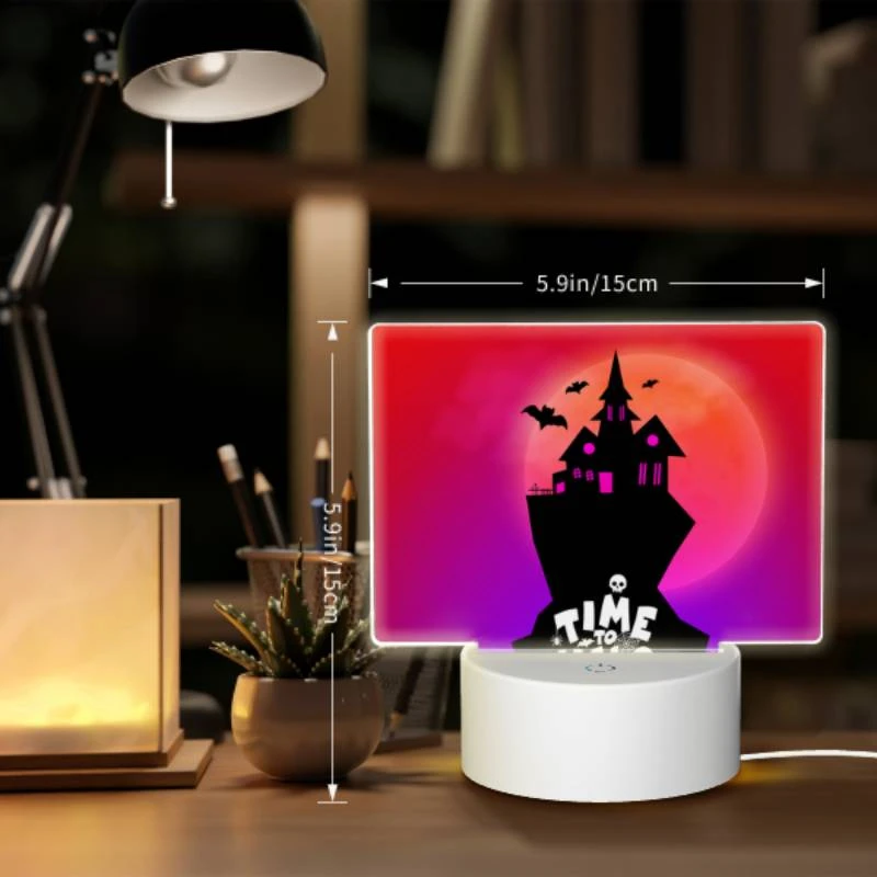 Rectangular Acrylic Night Light, A black and white image of a haunted house with a pink roof and a moon in the background. Rectangular Acrylic Night Light, A Black And White Image Of A Haunted House With A Pink Roof And A Moon In The Background. -Pattern Night Light d5c26519611ff587d4205efb51ad6cf0413486ee