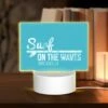 Rectangular Acrylic Night Light, A Blue Sign That Says "Surf On The Waves" With A Picture Of A Surfboard.