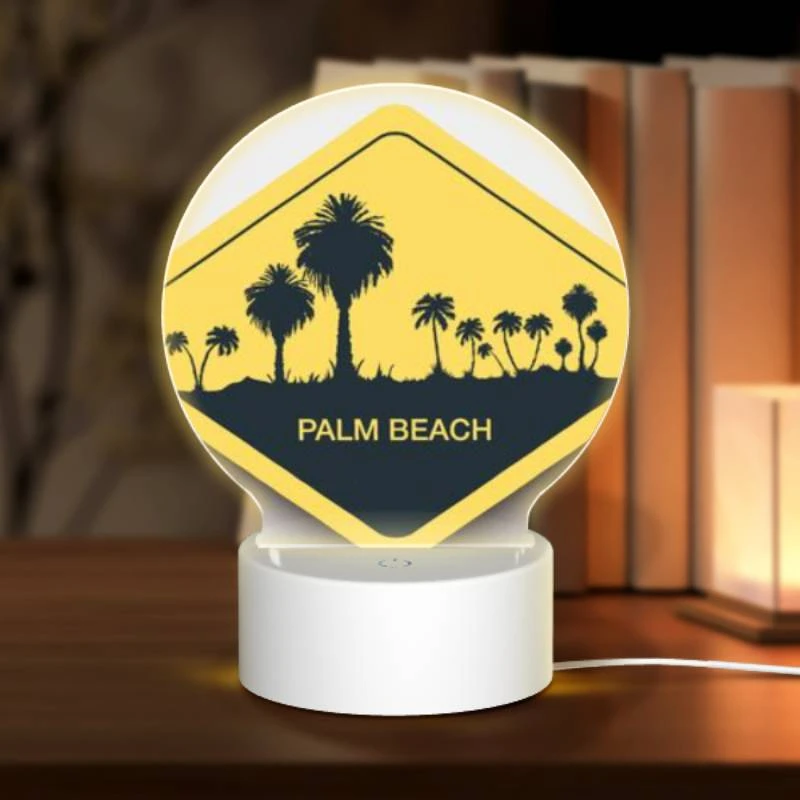 Round Acrylic Night Light, A yellow sign with the words "Palm Beach" written on it. Round Acrylic Night Light, A Yellow Sign With The Words "Palm Beach" Written On It. -Pattern Night Light d6506655480ac5dc6cacecfbbdfdf5f3b41b4fe9