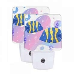 Night Light Set Of 2, Two Fish Are Swimming In A Pink And Blue Ocean.