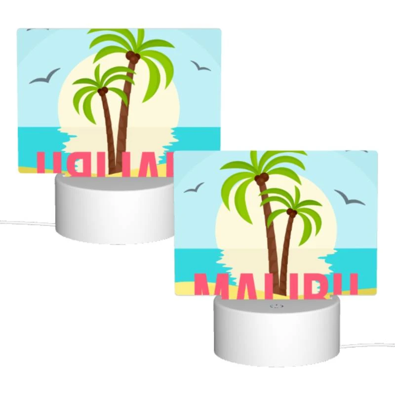 Rectangular Acrylic Night Light, A palm tree is in front of a sunset with the word Malibu written below it. Rectangular Acrylic Night Light, A Palm Tree Is In Front Of A Sunset With The Word Malibu Written Below It. -Pattern Night Light d71033a1b4e274e9efcffec76aec012a275830cd