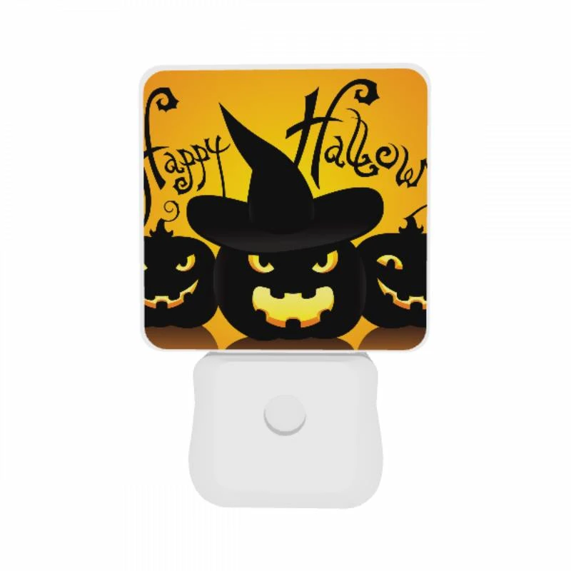 Night Light Set of 2, Three black and yellow pumpkins are shown with a witch's hat on top of each one. Night Light Set Of 2, Three Black And Yellow Pumpkins Are Shown With A Witch's Hat On Top Of Each One. -Pattern Night Light d76a2b819634ecd6f68315f752dfce2a2a66cec8