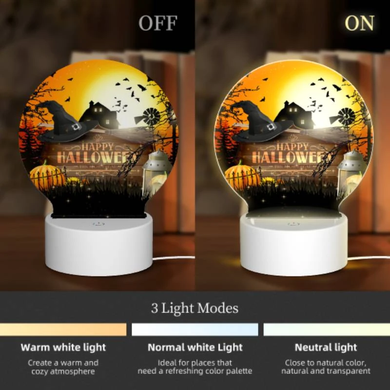 Round Acrylic Night Light, A Halloween poster with a witch's hat and a house in the background. Round Acrylic Night Light, A Halloween Poster With A Witch's Hat And A House In The Background. -Pattern Night Light d8037c444b5e48811d888bfda1d939e2f1e44016