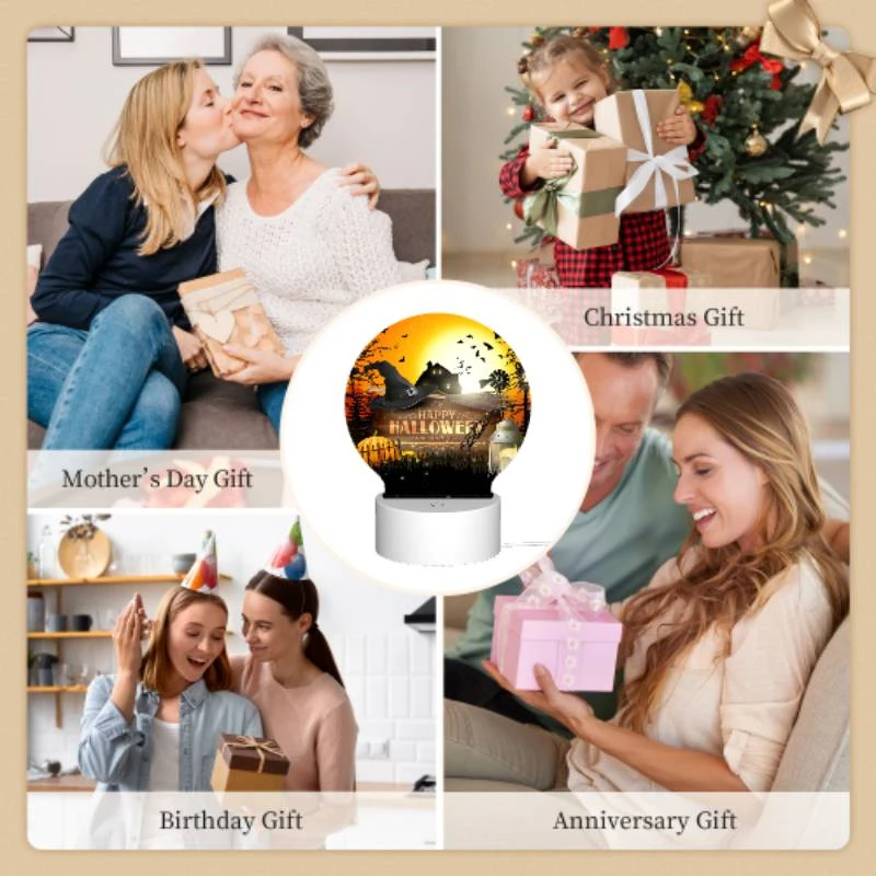 Round Acrylic Night Light, A Halloween poster with a witch's hat and a house in the background. Round Acrylic Night Light, A Halloween Poster With A Witch's Hat And A House In The Background. -Pattern Night Light d9b236197f006cfe8022866596e9d2e5c701d474