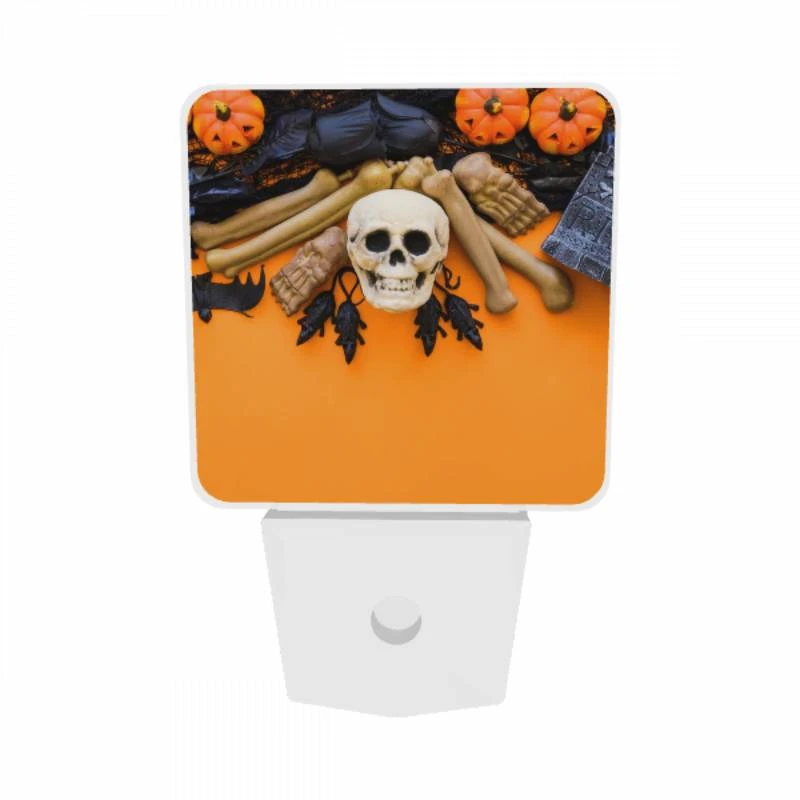Night Light Set of 2, A skeleton and a skull are on a table with a bat and a book. Night Light Set Of 2, A Skeleton And A Skull Are On A Table With A Bat And A Book. -Pattern Night Light db6f3dc5735ba4fb3a5edc3514ec068d35d8b74c