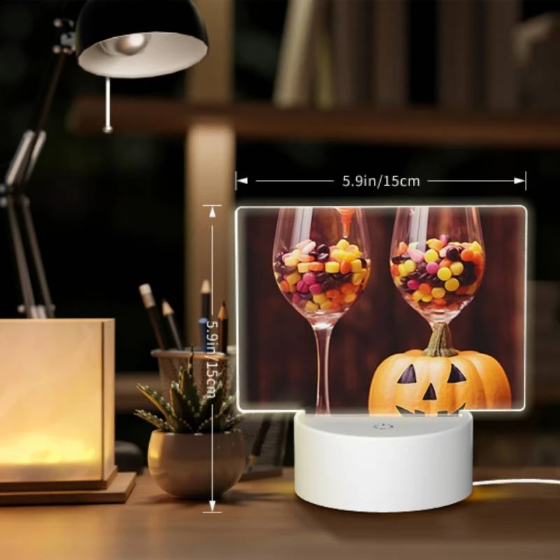 Rectangular Acrylic Night Light, A pumpkin is sitting next to two wine glasses filled with candy. Rectangular Acrylic Night Light, A Pumpkin Is Sitting Next To Two Wine Glasses Filled With Candy. -Pattern Night Light db882ad44547d621668cba89e1c69b26626bbe04