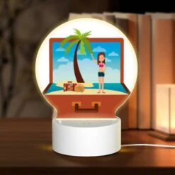 Round Acrylic Night Light, A Woman Is Standing On A Beach With A Suitcase And A Palm Tree.
