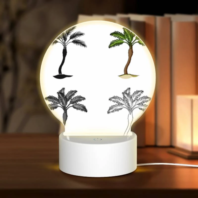 Round Acrylic Night Light, Four different types of palm trees are shown in silhouette. Round Acrylic Night Light, Four Different Types Of Palm Trees Are Shown In Silhouette. -Pattern Night Light de720acfe5ee10f5a6a2c100eacec9132ca4eb09