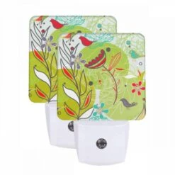 Night Light Set Of 2, A Colorful Painting Of Flowers And Birds.
