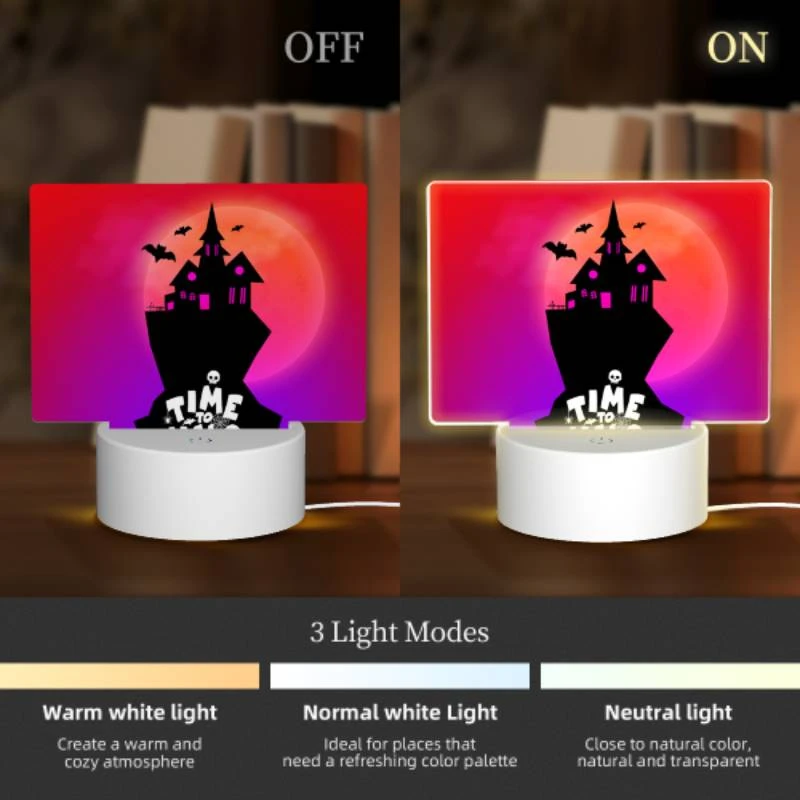 Rectangular Acrylic Night Light, A black and white image of a haunted house with a pink roof and a moon in the background. Rectangular Acrylic Night Light, A Black And White Image Of A Haunted House With A Pink Roof And A Moon In The Background. -Pattern Night Light e027e536db988f15aaf25e4cd1127f53b01cdf05