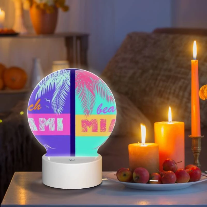Round Acrylic Night Light, A colorful beach sign that says "Beach Miami.". Round Acrylic Night Light, A Colorful Beach Sign That Says "Beach Miami.". -Pattern Night Light e1b2cf3e20b0a0b210afddd5d218b34e1b135130