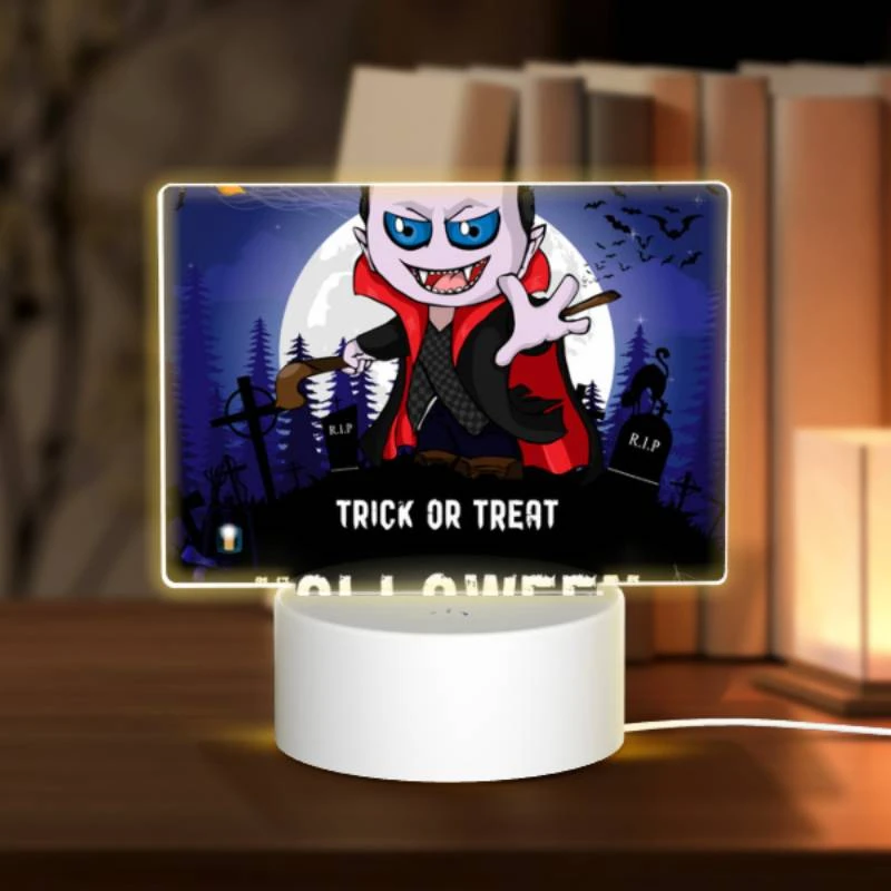 Rectangular Acrylic Night Light, A cartoon character with a vampire costume and a trick or treat sign. Rectangular Acrylic Night Light, A Cartoon Character With A Vampire Costume And A Trick Or Treat Sign. -Pattern Night Light e30d3485693b2a5e802332970b8d715e856bd3cf