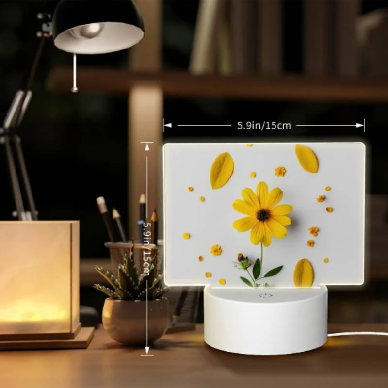 Rectangular Acrylic Night Light, A yellow flower with yellow petals and green leaves is placed on a white surface. Rectangular Acrylic Night Light, A Yellow Flower With Yellow Petals And Green Leaves Is Placed On A White Surface. -Pattern Night Light e3711d29358703f9ec8da591fa64d82e159b5439