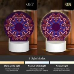 Round Acrylic Night Light, A Blue And Purple Flower Design With A Circle In The Center. 4 Round Acrylic Night Light, A Blue And Purple Flower Design With A Circle In The Center. -Pattern Night Light e39f1c9f48eeca45f6447efc4cb324bde302ce30