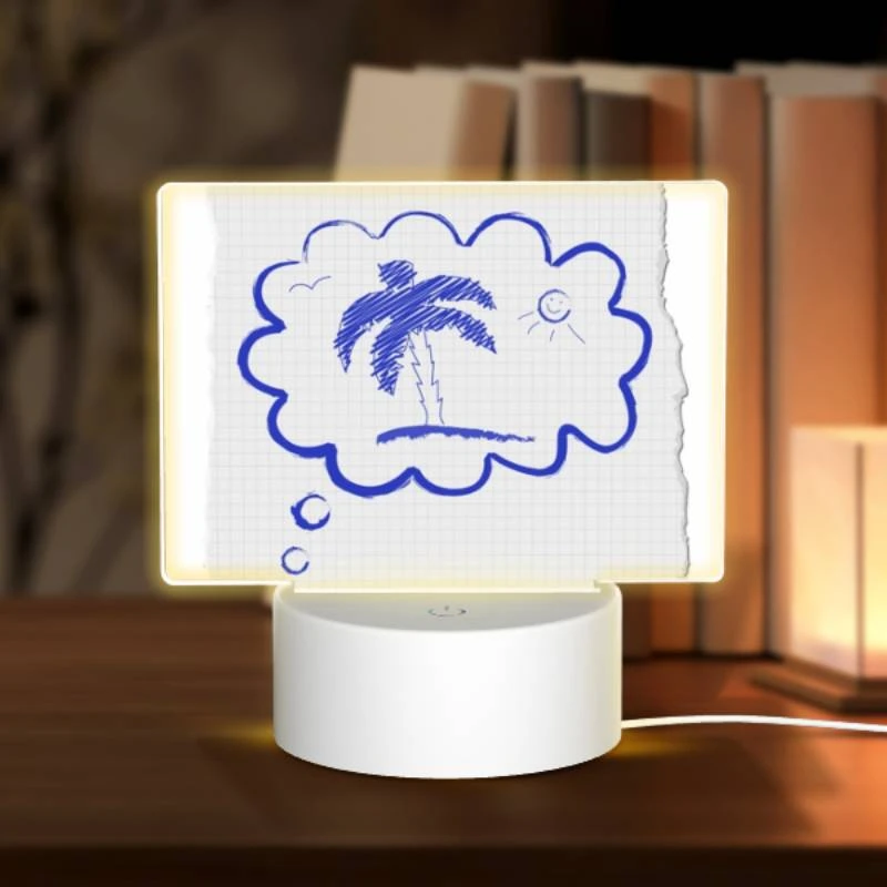 Rectangular Acrylic Night Light, A blue and white drawing of a palm tree and sun. Rectangular Acrylic Night Light, A Blue And White Drawing Of A Palm Tree And Sun. -Pattern Night Light e497069e1b081bd84f6ba07a98accb3981b32704