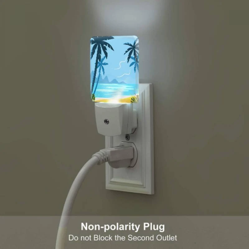 Night Light, A blue and yellow beach scene with palm trees and a mountain in the background. Night Light, A Blue And Yellow Beach Scene With Palm Trees And A Mountain In The Background. -Pattern Night Light e61f3eb322befcd62c841480e1b7b945ba3cab1c