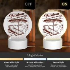 Round Acrylic Night Light, A Beach Umbrella Is Open And Shading A Lounge Chair. 4 Round Acrylic Night Light, A Beach Umbrella Is Open And Shading A Lounge Chair. -Pattern Night Light e681878fc807b5d98c874a510c38c272da147e80