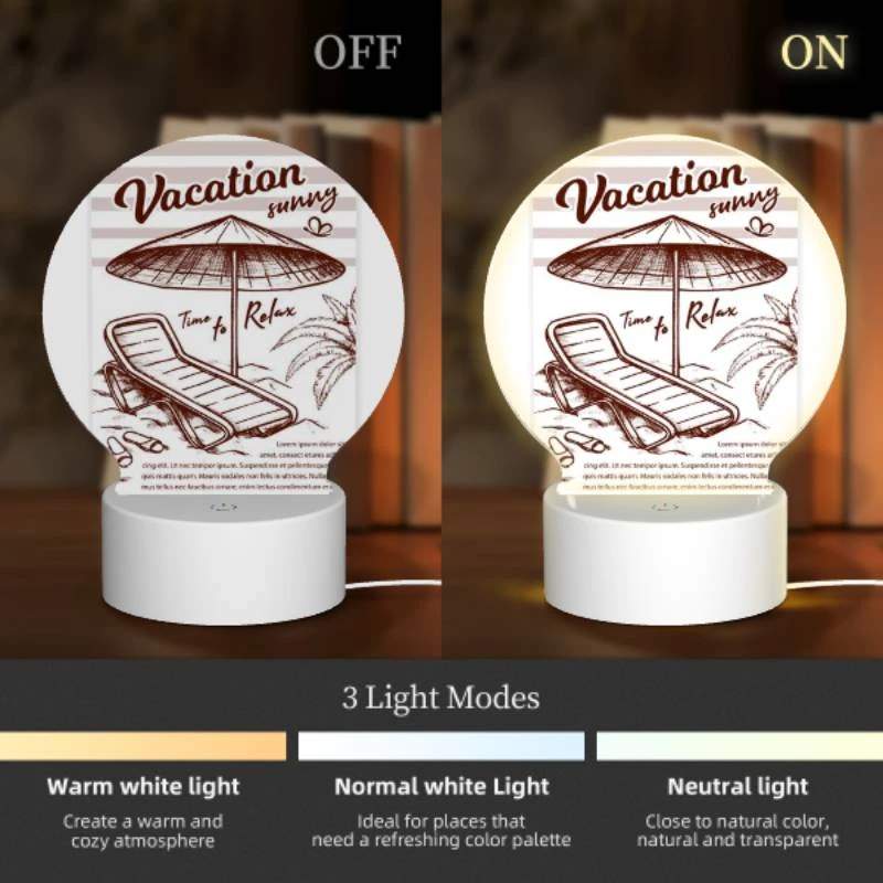 Round Acrylic Night Light, A beach umbrella is open and shading a lounge chair. Round Acrylic Night Light, A Beach Umbrella Is Open And Shading A Lounge Chair. -Pattern Night Light e681878fc807b5d98c874a510c38c272da147e80