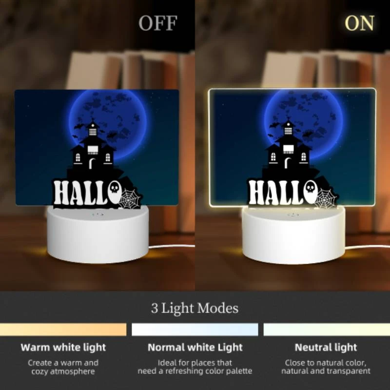 Rectangular Acrylic Night Light, A spooky Halloween scene with a haunted house and a moon in the background. Rectangular Acrylic Night Light, A Spooky Halloween Scene With A Haunted House And A Moon In The Background. -Pattern Night Light e701a9db2c1ff2fe7b9cd67fe3ffd82bd77ae79a
