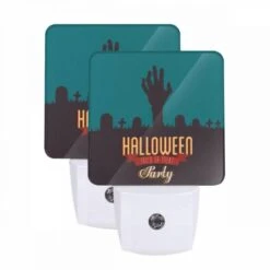 Night Light Set Of 2, A Halloween Party Is Advertised With A Skeleton Hand And A Cemetery Scene.