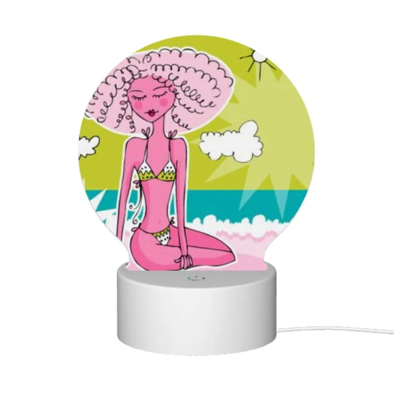 Round Acrylic Night Light, A cartoon woman with pink hair and a bikini sits on a beach. Round Acrylic Night Light, A Cartoon Woman With Pink Hair And A Bikini Sits On A Beach. -Pattern Night Light e972fe5f41d9e25c7e47626ec4f0f827a0d1a619