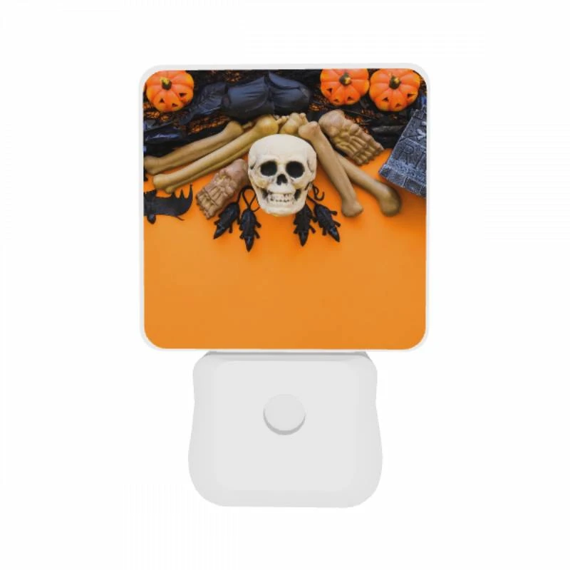 Night Light Set of 2, A skeleton and a skull are on a table with a bat and a book. Night Light Set Of 2, A Skeleton And A Skull Are On A Table With A Bat And A Book. -Pattern Night Light e975c6a72f88efe11c088a728dbe34f699bffc41