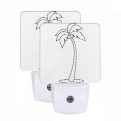 Night Light Set Of 2, A Black And White Drawing Of A Palm Tree.