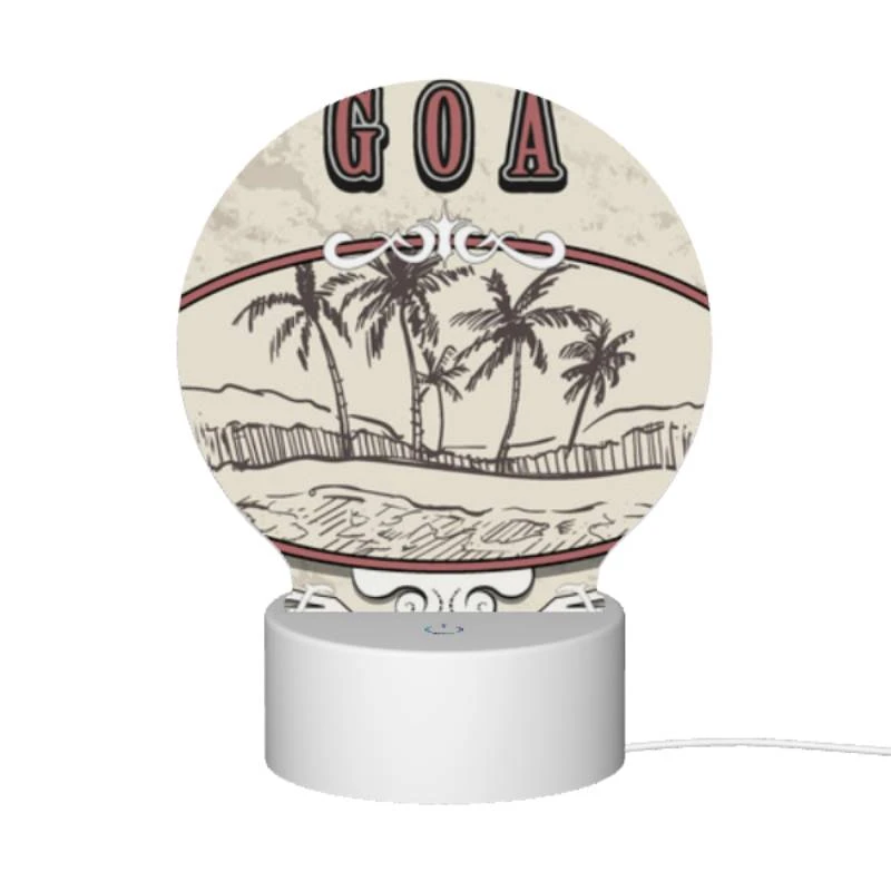 Round Acrylic Night Light, A picture of palm trees with the word Goa written above it. Round Acrylic Night Light, A Picture Of Palm Trees With The Word Goa Written Above It. -Pattern Night Light ea8c5aaa715f430bbf92f7e0907417a4b3843a9c