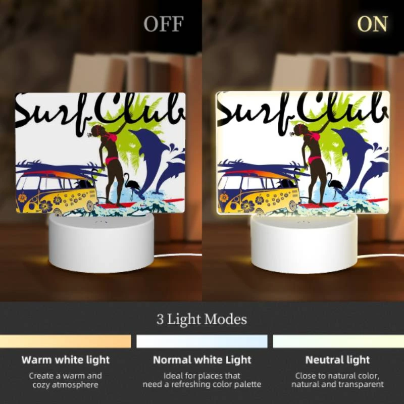 Rectangular Acrylic Night Light, A woman is surfing on a surfboard in front of a yellow and blue van. Rectangular Acrylic Night Light, A Woman Is Surfing On A Surfboard In Front Of A Yellow And Blue Van. -Pattern Night Light eb1bf6dd4349e057ca26a60bcdf1596ff963962a