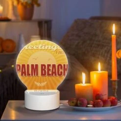 Round Acrylic Night Light, A Sunny Beach Scene With A Yellow Background And A Sun In The Top Left Corner. 8 Round Acrylic Night Light, A Sunny Beach Scene With A Yellow Background And A Sun In The Top Left Corner. -Pattern Night Light ec3b273601e0aa78c0bede7e3971531383e3d525