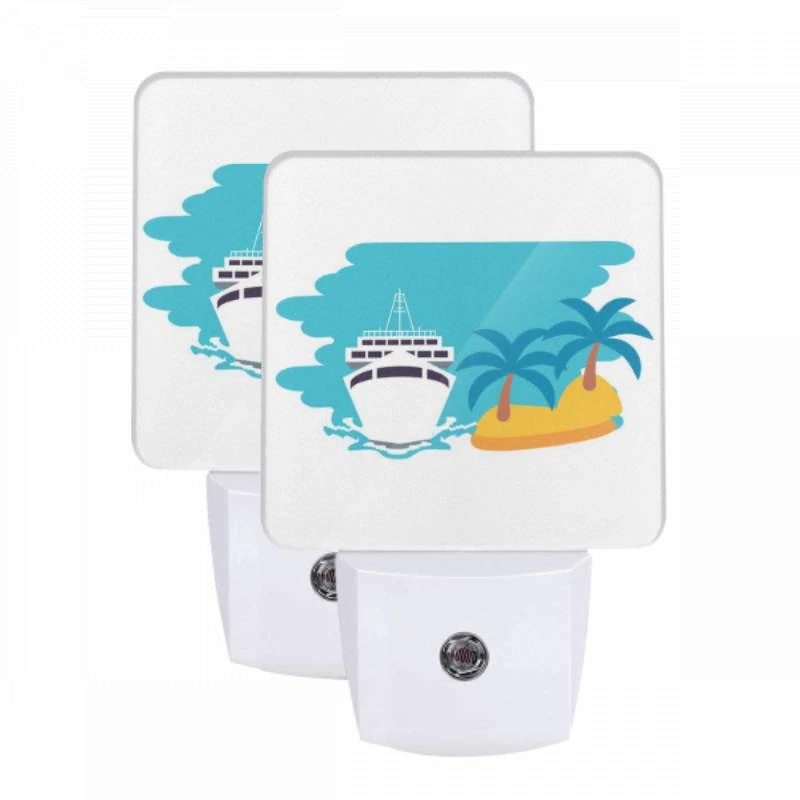 Night Light Set of 2, A boat is sailing in the ocean next to a palm tree. Night Light Set Of 2, A Boat Is Sailing In The Ocean Next To A Palm Tree. -Pattern Night Light ec7d1796f0bc5922686f773904452b58c003400b
