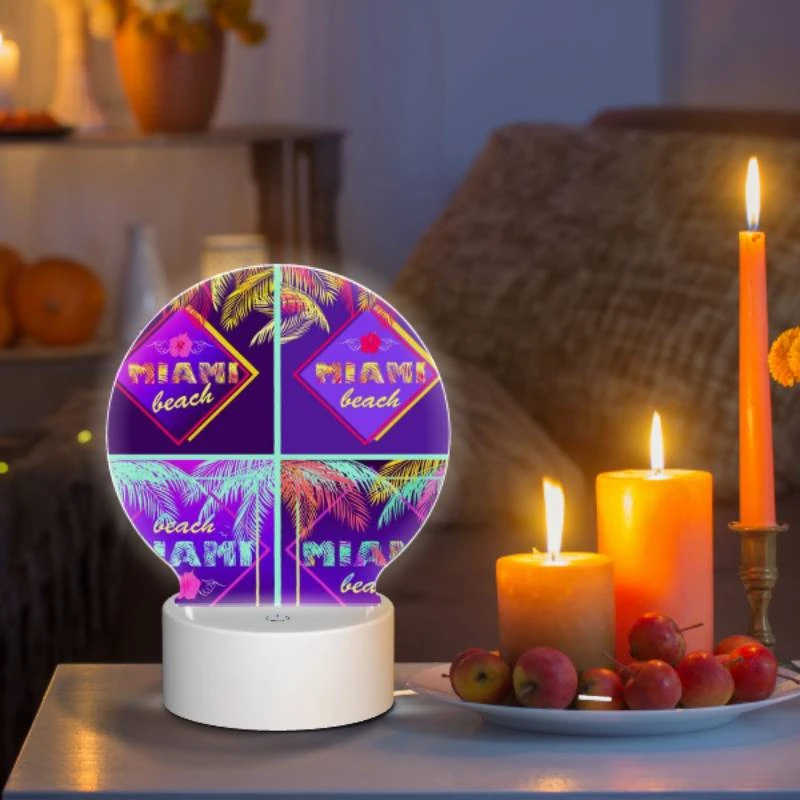 Round Acrylic Night Light, Four different colored images of palm trees and the word "Miami Beach" on them. Round Acrylic Night Light, Four Different Colored Images Of Palm Trees And The Word "Miami Beach" On Them. -Pattern Night Light ed2b9af4fdb8ee0abaee7a3974045a0cc1aa8a9f