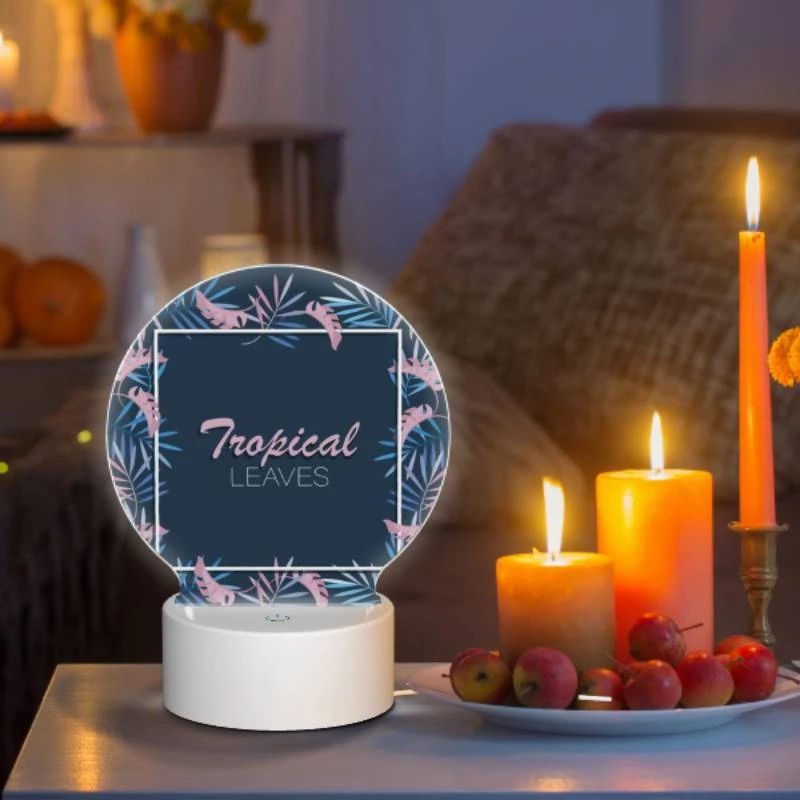Round Acrylic Night Light, A tropical leaves design with a pink and blue color scheme. Round Acrylic Night Light, A Tropical Leaves Design With A Pink And Blue Color Scheme. -Pattern Night Light ee24eb18f6123b16b4c41766b078b82b3de09376