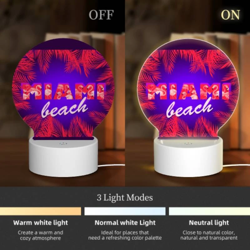 Round Acrylic Night Light, A colorful image of a beach with palm trees and the word "Miami" written in red. Round Acrylic Night Light, A Colorful Image Of A Beach With Palm Trees And The Word "Miami" Written In Red. -Pattern Night Light ef0ddb95b630228d47b99de9f6ecb025191aa88e