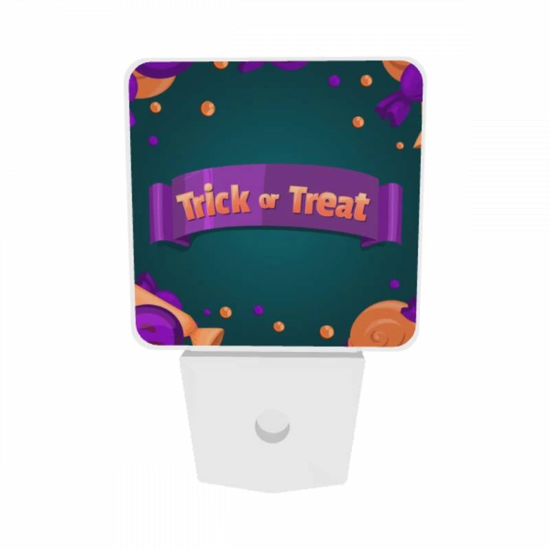 Night Light Set of 2, A purple and orange banner with the words "trick or treat" on it. Night Light Set Of 2, A Purple And Orange Banner With The Words "trick Or Treat" On It. -Pattern Night Light ef473cd7bfe34e1660dd4f0ed50ac70eae37febf