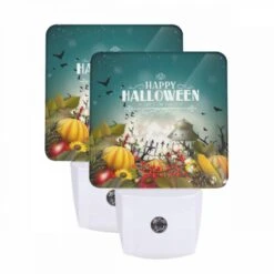 Night Light Set Of 2, A Colorful Halloween Poster With A Pumpkin And A Moon.