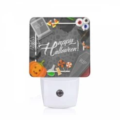 Night Light, A Halloween Sign With A Witch's Hat And A Skeleton.